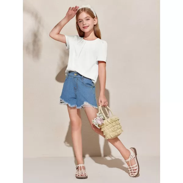 Girls Shirts Summer Short Sleeve Cute Tops Chiffon Pleated Blouses 5-14 Years