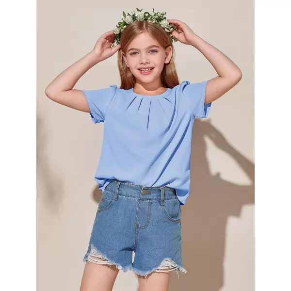 Girls Shirts Summer Short Sleeve Cute Tops Chiffon Pleated Blouses 5-14 Years