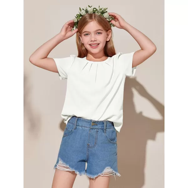 Girls Shirts Summer Short Sleeve Cute Tops Chiffon Pleated Blouses 5-14 Years