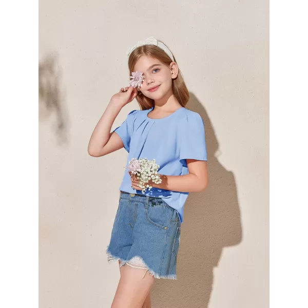 Girls Shirts Summer Short Sleeve Cute Tops Chiffon Pleated Blouses 5-14 Years