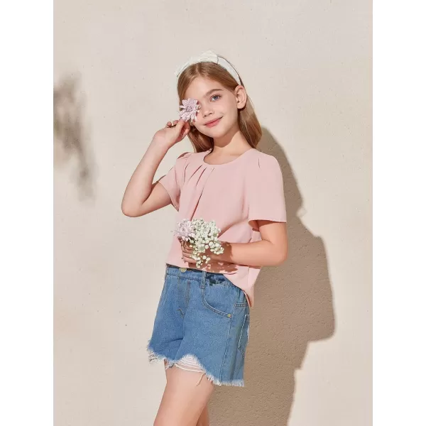 Girls Shirts Summer Short Sleeve Cute Tops Chiffon Pleated Blouses 5-14 Years