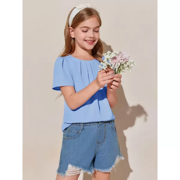 Girls Shirts Summer Short Sleeve Cute Tops Chiffon Pleated Blouses 5-14 Years