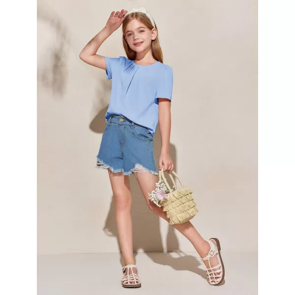 Girls Shirts Summer Short Sleeve Cute Tops Chiffon Pleated Blouses 5-14 Years