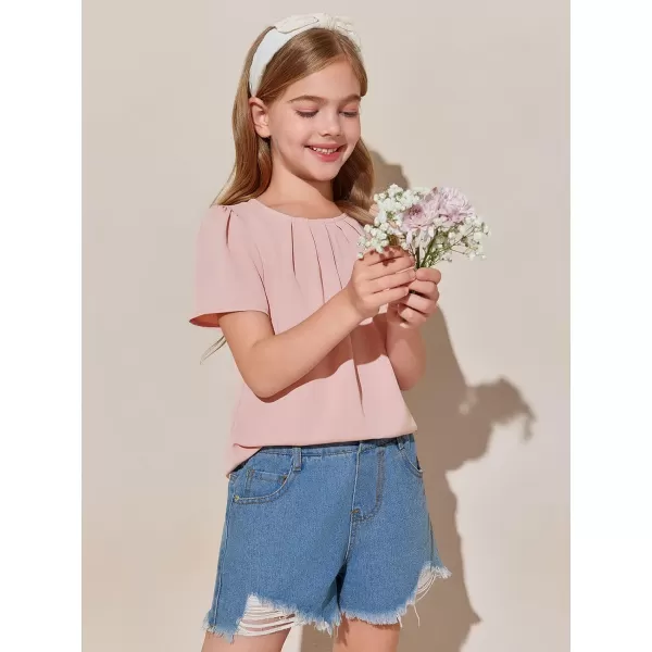 Girls Shirts Summer Short Sleeve Cute Tops Chiffon Pleated Blouses 5-14 Years