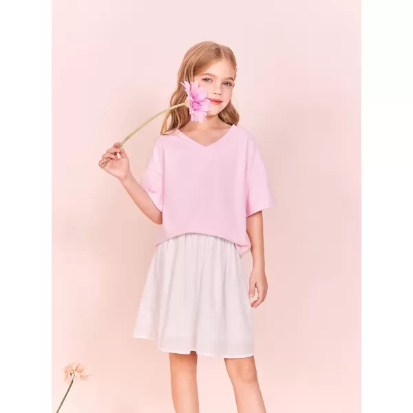 Girls Short Sleeve Oversized T Shirts Summer V Neck Casual Loose Tees Shirt Tops 3-14 Years
