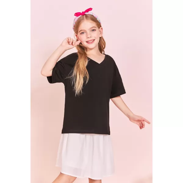 Girls Short Sleeve Oversized T Shirts Summer V Neck Casual Loose Tees Shirt Tops 3-14 Years
