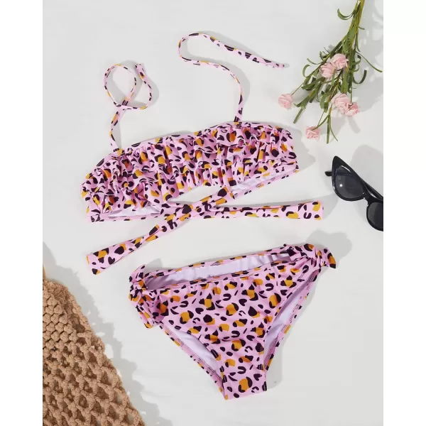 Haloumoning Girls 2 Piece Swimsuit Cute Ruffle Leopard Halter Neck Bikini Beach Bathing Suit