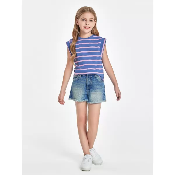 Haloumoning Girls Cap Sleeve T Shirts Summer Striped Tank Tops Tees 4-14 Years