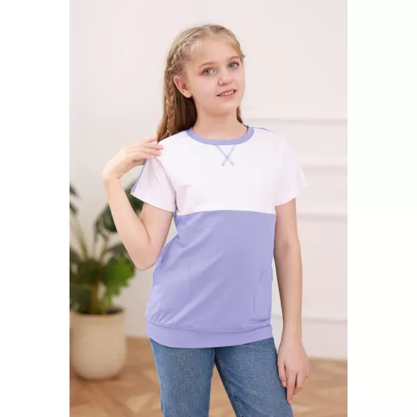 Haloumoning Girls Casual Short Sleeve T Shirts Color Block Tee Blouse Kids Loose Tunic Tops with Pockets Size 4-15