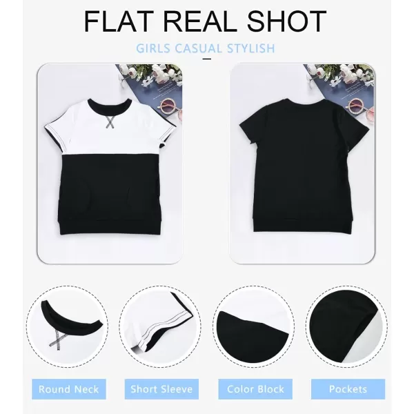 Haloumoning Girls Casual Short Sleeve T Shirts Color Block Tee Blouse Kids Loose Tunic Tops with Pockets Size 4-15