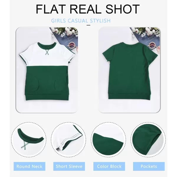 Haloumoning Girls Casual Short Sleeve T Shirts Color Block Tee Blouse Kids Loose Tunic Tops with Pockets Size 4-15