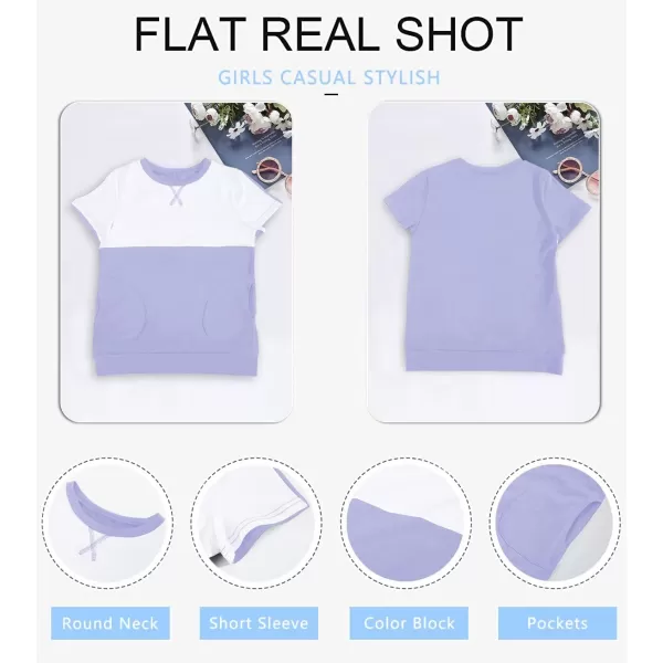 Haloumoning Girls Casual Short Sleeve T Shirts Color Block Tee Blouse Kids Loose Tunic Tops with Pockets Size 4-15