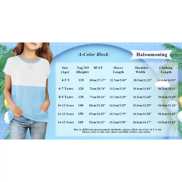Haloumoning Girls Casual Short Sleeve T Shirts Color Block Tee Blouse Kids Loose Tunic Tops with Pockets Size 4-15