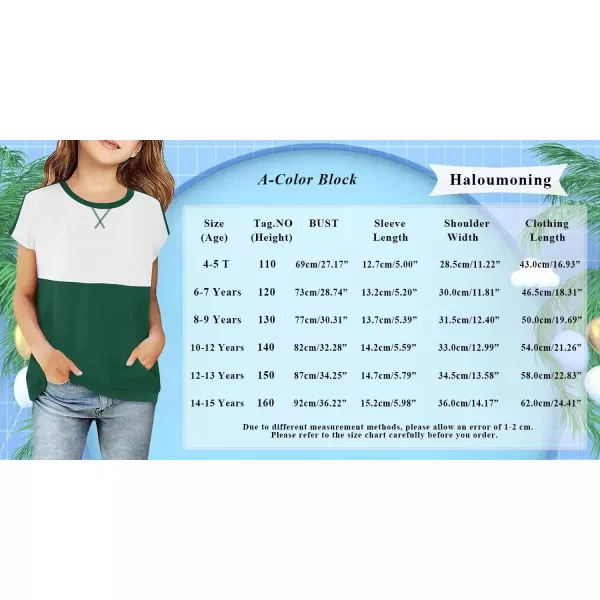 Haloumoning Girls Casual Short Sleeve T Shirts Color Block Tee Blouse Kids Loose Tunic Tops with Pockets Size 4-15