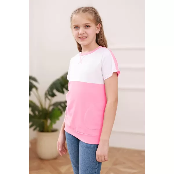 Haloumoning Girls Casual Short Sleeve T Shirts Color Block Tee Blouse Kids Loose Tunic Tops with Pockets Size 4-15