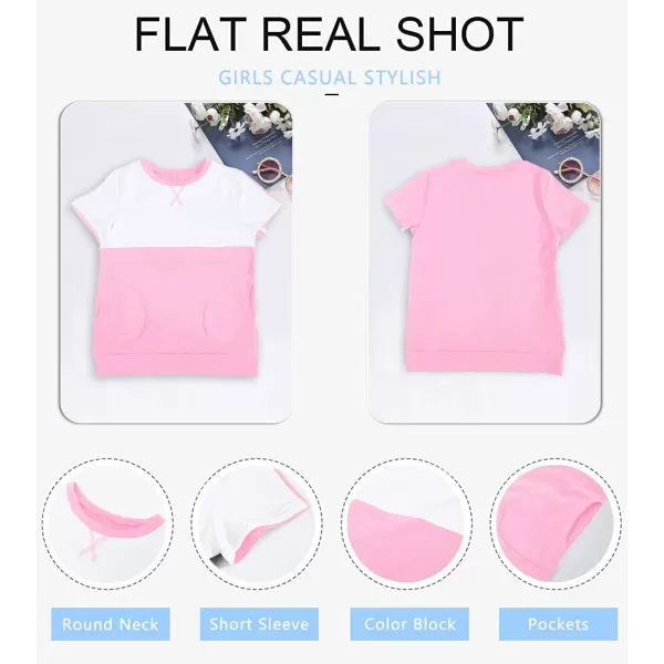 Haloumoning Girls Casual Short Sleeve T Shirts Color Block Tee Blouse Kids Loose Tunic Tops with Pockets Size 4-15
