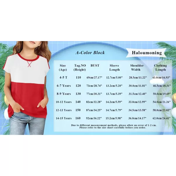 Haloumoning Girls Casual Short Sleeve T Shirts Color Block Tee Blouse Kids Loose Tunic Tops with Pockets Size 4-15