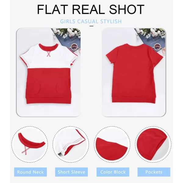 Haloumoning Girls Casual Short Sleeve T Shirts Color Block Tee Blouse Kids Loose Tunic Tops with Pockets Size 4-15