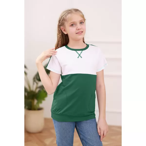 Haloumoning Girls Casual Short Sleeve T Shirts Color Block Tee Blouse Kids Loose Tunic Tops with Pockets Size 4-15