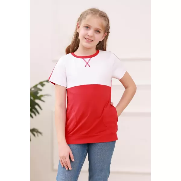 Haloumoning Girls Casual Short Sleeve T Shirts Color Block Tee Blouse Kids Loose Tunic Tops with Pockets Size 4-15