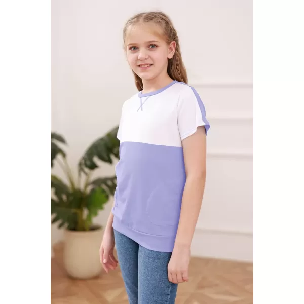 Haloumoning Girls Casual Short Sleeve T Shirts Color Block Tee Blouse Kids Loose Tunic Tops with Pockets Size 4-15