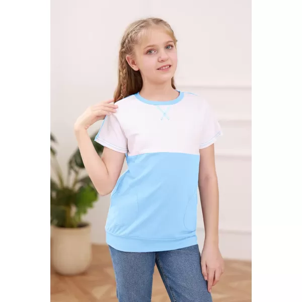 Haloumoning Girls Casual Short Sleeve T Shirts Color Block Tee Blouse Kids Loose Tunic Tops with Pockets Size 4-15
