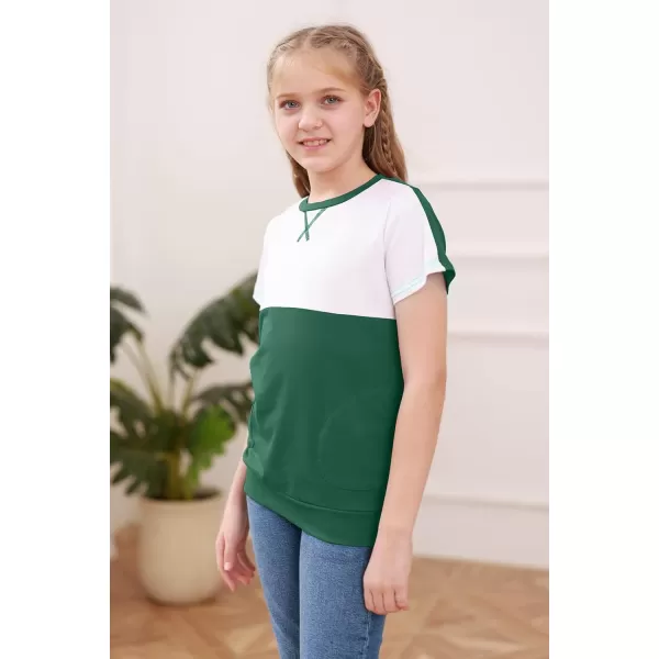 Haloumoning Girls Casual Short Sleeve T Shirts Color Block Tee Blouse Kids Loose Tunic Tops with Pockets Size 4-15