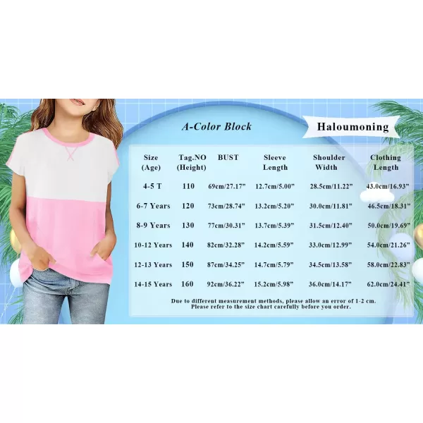 Haloumoning Girls Casual Short Sleeve T Shirts Color Block Tee Blouse Kids Loose Tunic Tops with Pockets Size 4-15