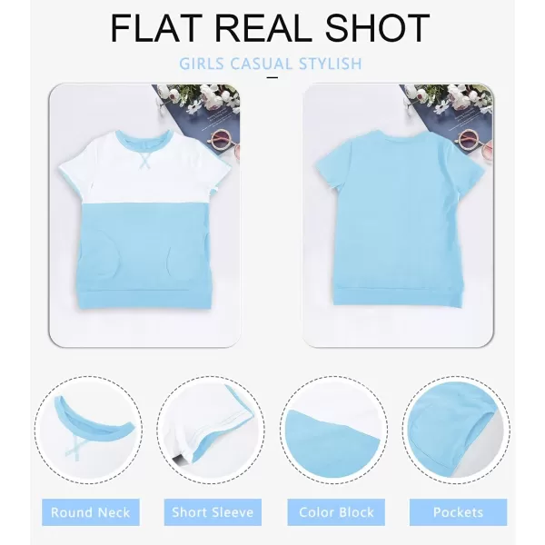 Haloumoning Girls Casual Short Sleeve T Shirts Color Block Tee Blouse Kids Loose Tunic Tops with Pockets Size 4-15