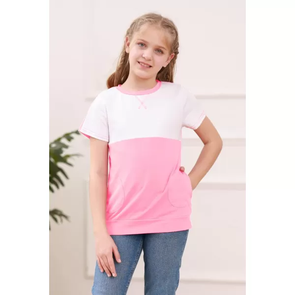 Haloumoning Girls Casual Short Sleeve T Shirts Color Block Tee Blouse Kids Loose Tunic Tops with Pockets Size 4-15