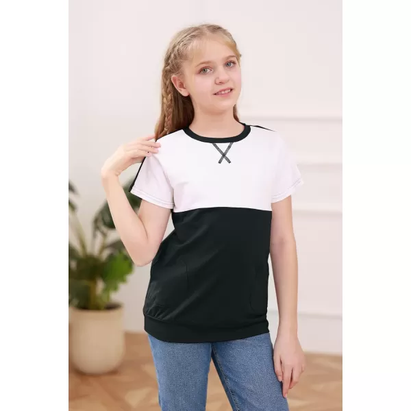 Haloumoning Girls Casual Short Sleeve T Shirts Color Block Tee Blouse Kids Loose Tunic Tops with Pockets Size 4-15