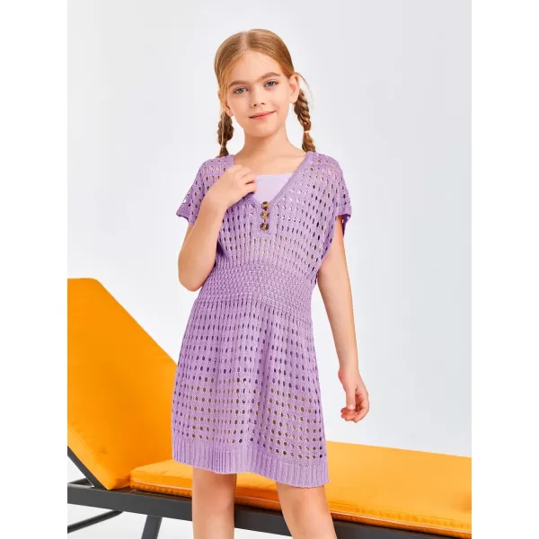 Haloumoning Girls Crochet Swim Beach Cover Up Kids Fashion Button Short Sleeve Swimsuits Cover Ups 5-14 Years