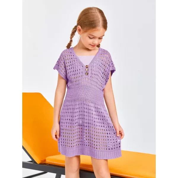 Haloumoning Girls Crochet Swim Beach Cover Up Kids Fashion Button Short Sleeve Swimsuits Cover Ups 5-14 Years