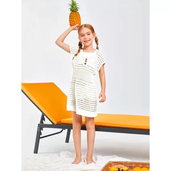 Haloumoning Girls Crochet Swim Beach Cover Up Kids Fashion Button Short Sleeve Swimsuits Cover Ups 5-14 Years
