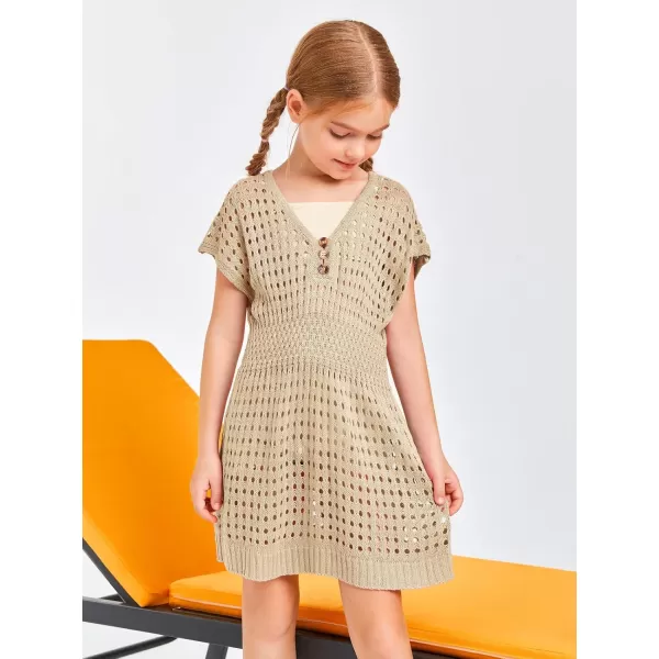 Haloumoning Girls Crochet Swim Beach Cover Up Kids Fashion Button Short Sleeve Swimsuits Cover Ups 5-14 Years