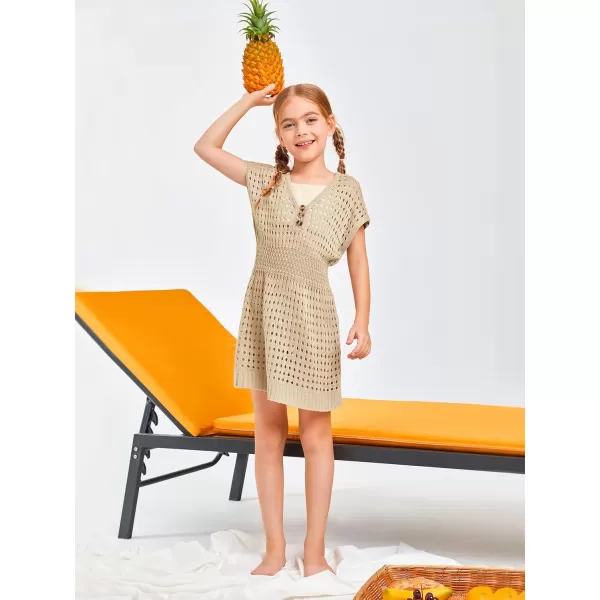 Haloumoning Girls Crochet Swim Beach Cover Up Kids Fashion Button Short Sleeve Swimsuits Cover Ups 5-14 Years