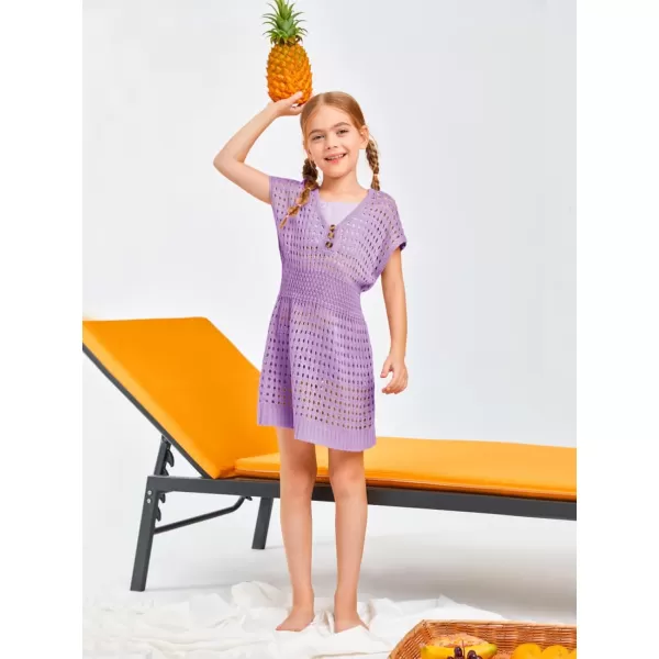 Haloumoning Girls Crochet Swim Beach Cover Up Kids Fashion Button Short Sleeve Swimsuits Cover Ups 5-14 Years