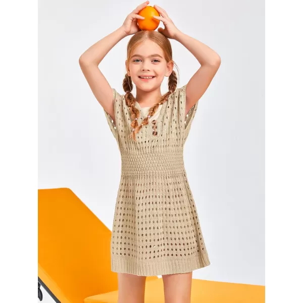 Haloumoning Girls Crochet Swim Beach Cover Up Kids Fashion Button Short Sleeve Swimsuits Cover Ups 5-14 Years