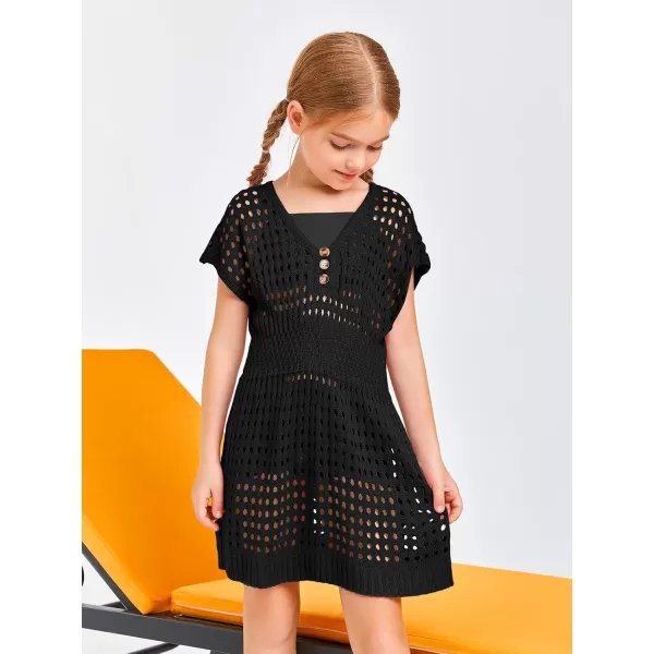 Haloumoning Girls Crochet Swim Beach Cover Up Kids Fashion Button Short Sleeve Swimsuits Cover Ups 5-14 Years
