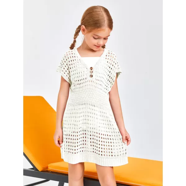 Haloumoning Girls Crochet Swim Beach Cover Up Kids Fashion Button Short Sleeve Swimsuits Cover Ups 5-14 Years