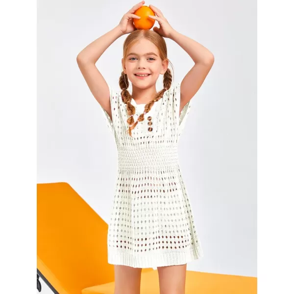 Haloumoning Girls Crochet Swim Beach Cover Up Kids Fashion Button Short Sleeve Swimsuits Cover Ups 5-14 Years