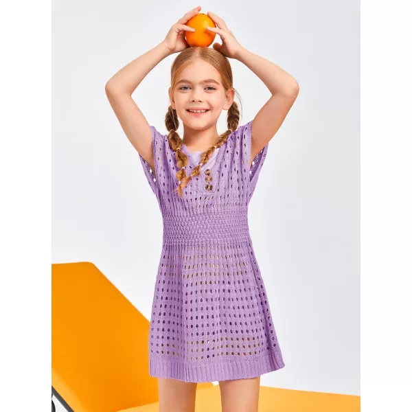 Haloumoning Girls Crochet Swim Beach Cover Up Kids Fashion Button Short Sleeve Swimsuits Cover Ups 5-14 Years
