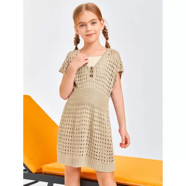 Haloumoning Girls Crochet Swim Beach Cover Up Kids Fashion Button Short Sleeve Swimsuits Cover Ups 5-14 Years