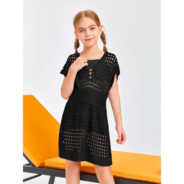 Haloumoning Girls Crochet Swim Beach Cover Up Kids Fashion Button Short Sleeve Swimsuits Cover Ups 5-14 Years