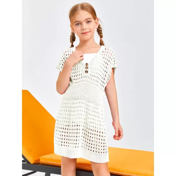 Haloumoning Girls Crochet Swim Beach Cover Up Kids Fashion Button Short Sleeve Swimsuits Cover Ups 5-14 Years