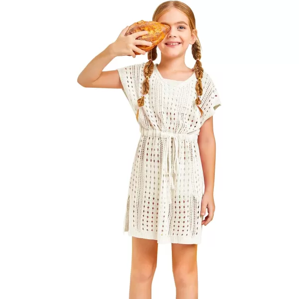 Haloumoning Girls Crochet Swim Beach Cover Up Short Sleeve Swimsuits Long Beach Dress 5-14 Years