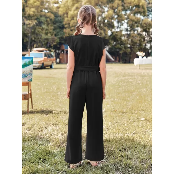 Haloumoning Girls Jumpsuit Kids Fashion Cap Sleeve Belted Wide Leg Romper One Piece Summer Outfits