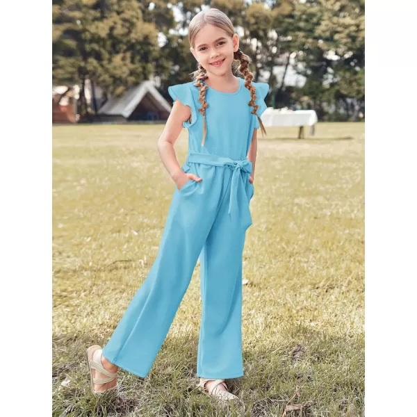 Haloumoning Girls Jumpsuit Kids Fashion Cap Sleeve Belted Wide Leg Romper One Piece Summer Outfits