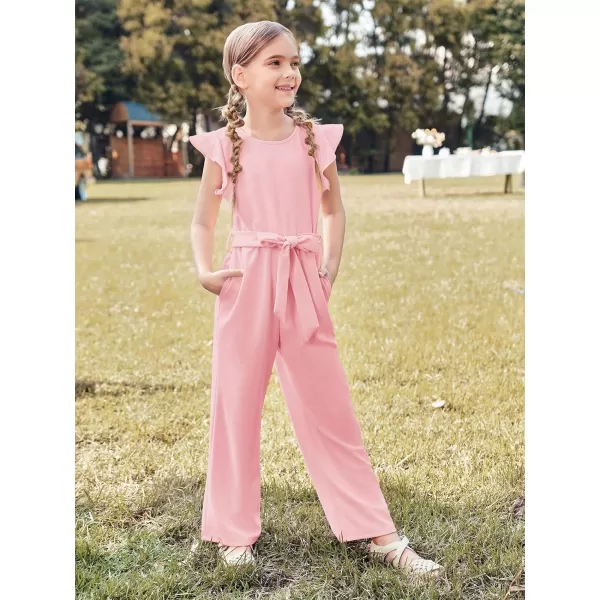 Haloumoning Girls Jumpsuit Kids Fashion Cap Sleeve Belted Wide Leg Romper One Piece Summer Outfits