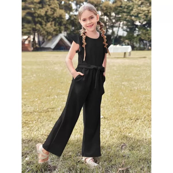 Haloumoning Girls Jumpsuit Kids Fashion Cap Sleeve Belted Wide Leg Romper One Piece Summer Outfits